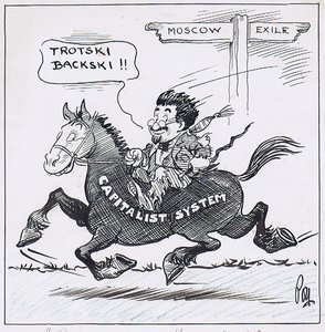 BEGGAR ON HORSEBACK: Trotsky, who was recently banished for his reported conversion to Capitalism, has returned to Moscow to take high office. It may be window-dressing while the question of clearing out the Bolsheviks is being discussed in this country.