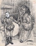 THE LION OBSERVANT. Mr Eden:"In order to show that this is the same old lion, any gentleman in the audience is at liberty to come up and twist his tail - provided he doesn't do it too hard." Image.