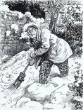 Spots of perspiration came out on his fat brow as he laboured with the broom and the snow. Image.