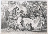 John Bull Taking a Luncheon, or British Cooks Cramming old Grumble-gizzard, with Bonne-chére. Image.