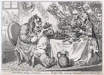 John Bull Taking a Luncheon, or British Cooks Cramming old Grumble-gizzard, with Bonne-chére.