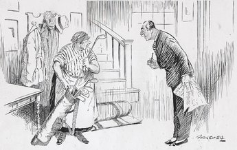 HOUSEHOLDER: "I say, what the deuce are you doing with those clubs?" CHARWOMAN: "It's all right sir; don't you worry; I'm only looking for somethink to beat that bit of carpet with."