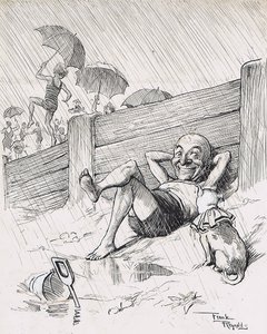 Rain-basking: The New English Pastime. (The impervious Patriot. “Ah Toby, my boy, They’ve got nothing like this on the Lido,”
