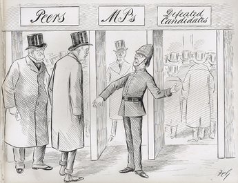 THE UNIONIST MEETING: P.C. Chamberlain: Are you a peer? Mr Balfour: No! P.C. Chamberlain: A member of Parliament? Mr Balfour: Well - not exactly! P.C. Chamberlain: Then you must be a defeated candidate - that door please!