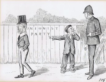 A LIKELY STORY!  Joe: Please, sir, that's the boy who's been doin' all the mischief. He's been a raging and a tearing round like anything! (See Mr Chamberlain's criticisms of the Duke of Devonshire in his speech at the Liberal Union Club 12 April 1905)