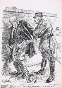 THE COST OF VICTORY. Germany: "I give in!" M. Poincare: "Good! Now pay up." Germany: "Pay up? You don't suppose I'd have stopped passive resistance if I'd got any money left?"