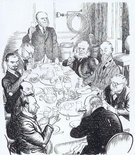 Setting An Example. (Our notion of a nice little lunch-party given to the War Cabinet by the Minister of Food.) "Now, Boys, more potatoes, less shaving, no new clothes, every man his own roof-spotter, and here's luck to 1941!" Image.