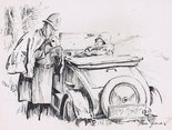 Lady (held up for something) "I say, this is a ridiculous waste of time. I gave all the facts to a policeman ten minutes ago." Image.