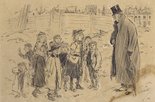 "Please, gentleman, would you give me an' my brothers an' sisters somethin'?" "why, you are surely not all of one family?" "Yes, gentleman we're all twins!" Image.