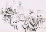 Culprit: "It may 'ave bin' five or it may ave' bin six o' clock. I got no idea of time." Magistrate: "Um. I may be able to give you some." Image.