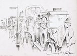 Fare in bad traffic jam: "Say I've only got a five pound note." Taximan: "Well perhaps that will do." Image.