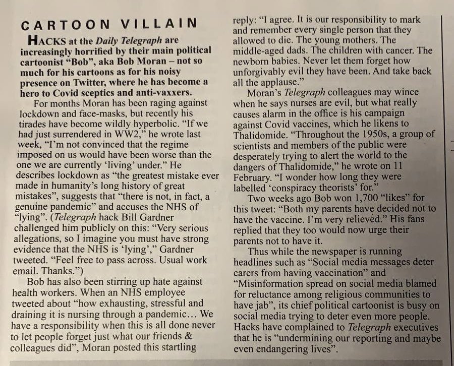 Article above from Private Eye 3 March 2021 Are Bob Moran’s crazy tweets costing lives? 21ADD77E-F2B0-486B-896A-DD013D967DB4.jpeg