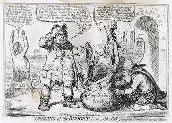 Opening of the Budget; -or- John Bull giving his Breeches to save his Bacon.
