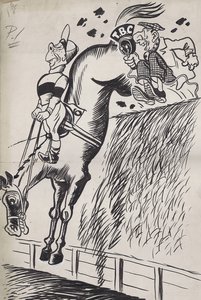 "- And in a moment, in complete contrast to the dear old B.B.C. armchair commentaries, I hope to get some of the jockeys to say a few words as they are actually jumping Bechers."