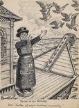 Doves of All Nations "Now then, off you go - and mind, no quarrelling!" (the wooden toy of Civil Aviation releases the doves of peace on its way to Chicago - 1944)  Image.