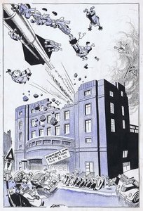"Strewth! Didn't take the kids long to master that rocket!" (A British experimental rocket is being displayed at the Schoolboys own exhibition at Westminster.)