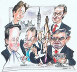 out to lunch. Political restaurants Jonathan Isaby - GQ David Cameron Nick Clegg Michael Gove Peter Mandelson Gordon Brown James Purnell  Image.