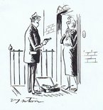 "It's only a dummy, madam - but absolutely invaluable for getting rid of over-persistent door-to-door salesmen." Image.