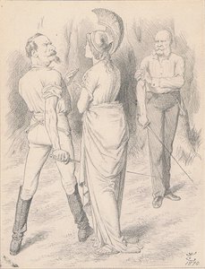 A Duel to the Death    FRANCE: "Pray stand back, madam. You mean well: But this is an old family quarrel and we must fight it out!"