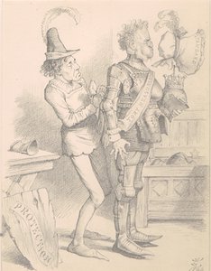 DERBYE HYS STRAITE FYTTE. Lord Derby. "Methinks, good Benjamin, we have in some sort outgrown our ancient harness!” Dizzy (his Squire). " Nay, good my Lord, Sith we can find no other,  you cannot choose but wear it!”