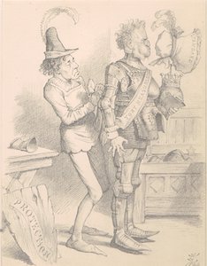 DERBYE HYS STRAITE FYTTE. Lord Derby. "Methinks, good Benjamin, we have in some sort outgrown our ancient harness!” Dizzy (his Squire). " Nay, good my Lord, Sith we can find no other,  you cannot choose but wear it!”