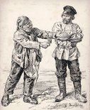 VICTORY FIRST. German Socialist: "I hold out my hands to you, comrade!" Russian Revolutionary: "Hold them up, and then I may talk to you." Image.