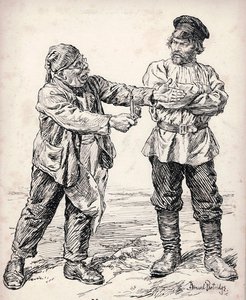 VICTORY FIRST. German Socialist: "I hold out my hands to you, comrade!" Russian Revolutionary: "Hold them up, and then I may talk to you."