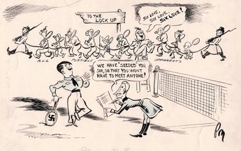 PLAYING THE GAME. The man who made sure of winning the singles. (Wholesale arrests of Hitler's opponents are being carried out in Germany.)