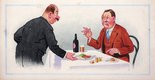"That steak's as hard as old boots! Take it away - and you know what you can do with it, don't you?" "Yes, Sir, but there's two chump chops an' a college pudding got to go first!" Image.