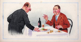 "That steak's as hard as old boots! Take it away - and you know what you can do with it, don't you?" "Yes, Sir, but there's two chump chops an' a college pudding got to go first!"
