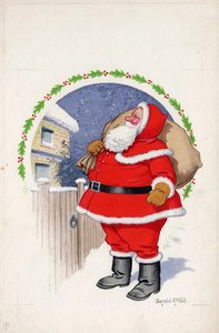 Here's Father Christmas at the gate, But he won't stop there knocking while you're in bed fast asleep, Down the chimney he will creep, To fill your Christmas stocking!