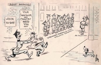 COMPULSORY SERVICE. Jealous Recruiting Sergeant: No he didn't exactly volunteer - but I think he's joining up all the same!. 
