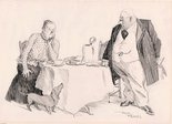 Frau: "Will it ever end - think of our awful unpopularity before humanity." Hans: "and these everlasting sardines for every meal."  Image.