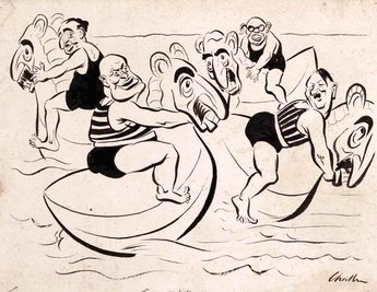 WATER SPORTS: The favourite toy at all international bathing beaches this summer is the rubber Chamberlain water-horse. Secure on this docile beast the Fascist big shots can ride the waves in triumph.This is how England will presently be invaded, I hear.