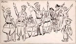 The Government have taken Mr Gallagher’s advice and conscripted themselves. Here you see them drilling in a style all their own. On the command PRESENT ARMS! they come smartly to the Nazi salute. Image.