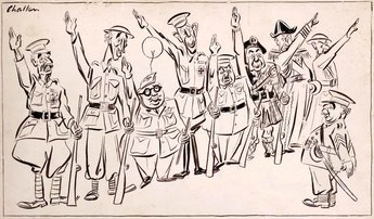 The Government have taken Mr Gallagher’s advice and conscripted themselves. Here you see them drilling in a style all their own. On the command PRESENT ARMS! they come smartly to the Nazi salute.