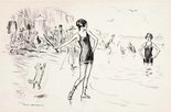 Lady in water: "But why have you put on your bathing dress if you're not going to bathe?" Lady on land: "Oh but Fido is, and it's more fun for him of he thinks I am too." Image.
