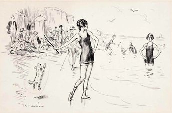 Lady in water: "But why have you put on your bathing dress if you're not going to bathe?" Lady on land: "Oh but Fido is, and it's more fun for him of he thinks I am too."