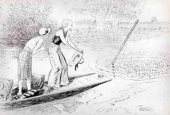 Wife (as bubbles float up from the spot where her husband has fallen overboard) "Good gracious just look at the awful language George is using."