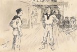 1st Blue Jacket: Well, matey wot 'appened?" 2nd Blue Jacket: "Leftenant, e reports as 'ow I were dirty an' my 'ammock weren't clean, an' Captin! e ses "wash 'is bloomin' neck, scrub ;is bloomin' face, an' cut 'is bloomin 'air every ten minutes!" Image.