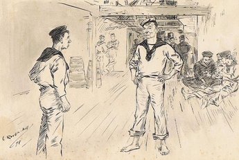 1st Blue Jacket: Well, matey wot 'appened?" 2nd Blue Jacket: "Leftenant, e reports as 'ow I were dirty an' my 'ammock weren't clean, an' Captin! e ses "wash 'is bloomin' neck, scrub ;is bloomin' face, an' cut 'is bloomin 'air every ten minutes!"