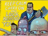 "Keep calm, carry on and look behind you" Image.