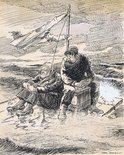 Looking Well Forward, 1st survivor from wreck to 2nd survivor: " 'ow much ought we ask off the music 'alls when we get back, 'undred an' fifty quid a week or two 'undred?" Image.